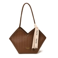 Brown woven tote bag with V-cut opening and stylish ribbon detail for women - Brown