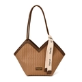 Brown woven V-shaped tote bag with slim coffee straps and decorative fashion ribbon - Khaki
