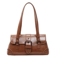 Bolso de hombro marrón vintage con remaches plateados y hebilla retro en cuero brillante - Marrón