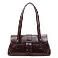 Dark brown retro underarm bag with metal rivets and glossy faux leather texture - Brown