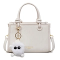 Fashionable white crossbody bucket bag with gold logo and fluffy eyeball charm detail - Off White