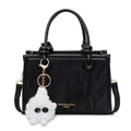 Chic black pleated tote bag with round handles and cute white plush doll charm - Black