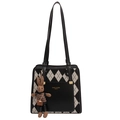 Retro argyle pattern black handbag with a cute plush bunny charm and golden logo - With Pendant / Black