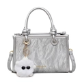 Silver metallic wrinkled tote bag with dual knotted handles and plush eye charm - Silver