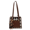 Chic black and white houndstooth tote bag with brown leather accents and rabbit charm - With Pendant / Brown