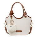 Cream white pleated leather bucket bag with brown knotted handles and plush charm - White