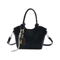Minimalist black lychee texture tote bag with chocolate charm and woven rope detail - Black