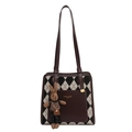 Brown leather and checkered tote bag for women featuring a cute bunny plush charm - With Pendant / Brown