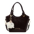 Dark brown pleated bucket bag with glossy texture and cute plush monster pendant - Coffee