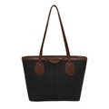 Large black canvas tote bag with brown leather trim and retro shoulder straps - Black