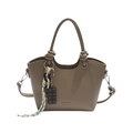 Brown lychee leather bucket bag with wavy rim, decorative knot handle and crossbody strap - Khaki