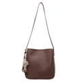 Dark brown textured leather bucket bag with pompom charm and long shoulder strap - Brown