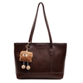Large coffee brown tote bag in faux leather with contrast stitching and plush charm - Brown