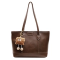 Large dark brown tote bag with white contrast stitching and a cute plush charm - Khaki