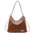 Borsa tote marrone in ecopelle con catena d'argento e cuciture bianche a contrasto - Marrone