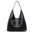 Minimalist black tote bag in pebbled leather texture with integrated wide shoulder strap - Black