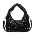 Bolso de mano negro con acolchado ondulado, pedrería y detalles dorados de media luna - Negro