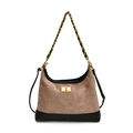 Bolso de hombro de ante taupe acolchado con ribete de cuero negro y cadena oro - Caqui