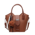 Dark brown pebble leather bucket bag with silver buckle and plush dog charm - Brown