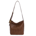 Retro dunkelbraune große Shopper Tasche aus Vintage-Kunstleder mit goldener Schnalle - Gelbbraun