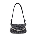 Borsa a mano francese con pieghe a quadretti vichy grigi e catena di perle elegante - Nero
