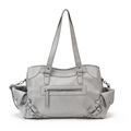 Borsa tote grigio chiaro capiente stile vintage con tasche multiple e dettagli in pelle - Blu
