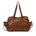 Retro brown large capacity tote bag with buckle pockets and silver metal zippers - Brown