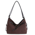 Bolso tote de ante marrón oscuro con correas de cuero negro y detalles dorados - Marrón