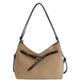 Bolso hobo retro de ante caqui con correas de cuero negro y detalles metálicos dorados - Caqui