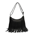 Bohemian black pebbled leather crossbody bag featuring a half-moon shape and long tassels - Black