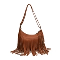 Brown hobo shoulder bag with litchi texture and long fringe tassels on white background - Brown