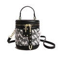 Bolso tipo cubo de tweed en blanco y negro con herrajes dorados y ribete de cuero - Estilo Patchwork de Tweed / Negro