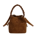 Bolso cubo retro de ante marrón con asa trenzada y cierre de cordón para mujer - Marrón