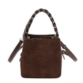Brown suede bucket bag with woven handle and adjustable strap for women - Brown