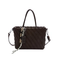 Chocolate brown textured tote bag with pleated weave and chunky chain accessory - Brown