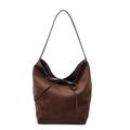 Deep brown matte suede bucket bag for women with decorative front bow and leather trim - Coffee