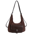 Borsa a spalla in pelle cerata marrone con design hobo vintage e cuciture a contrasto - caffè