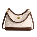 Bolso de mano retro de bouclé blanco con adornos de cuero marrón y cierre dorado - Blanco