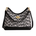 Bolso bandolera retro de tweed blanco y negro con cierre dorado y piel fina - Negro