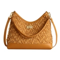 Bolso hobo de forro polar camel y piel sintética con cierre giratorio dorado y correa - Amarillo