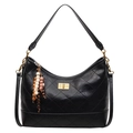 Quilted black leather hobo shoulder bag with gold twist lock and wooden bead charm - Black