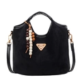 Borsa tote in camoscio nero con ciondolo in perline di legno ed emblema dorato - Con Ciondolo / Nero