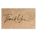 Close-up of rectangular kraft paper thank you card with black script and fiber texture - Minimalist Centered Handwriting Style (MY411) / 50 Sheets