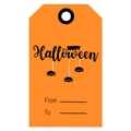 Close-up of orange Halloween gift tags featuring happy spiders and to-from labels - Orange Spider Style (KP84)