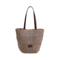 Modische Herbst-Plüsch-Tragetasche mit Karomuster und braunen Ledergriffen im Retro-Stil - Khaki (Braun-Gelb Kariert)
