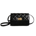 Black suede crossbody bag featuring diamond quilting and gold rotating lock clasp - Black