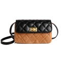 Quilted black and brown crossbody bag with gold rectangular clasp and shoulder strap - Khaki
