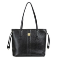 Minimalistische schwarze Leder-Tote-Bag mit goldener Schnalle und dekorativem Kordelzug - Schwarz