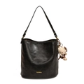 Schwarze Retro-Leder-Eimertasche mit Goldlogo und süßem Katzenanhänger im Leopard - Schwarz (Mit Anhänger)