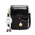 Glossy black mini crossbody bag with gold hardware and white plush doll pendant - With Pendant / Black